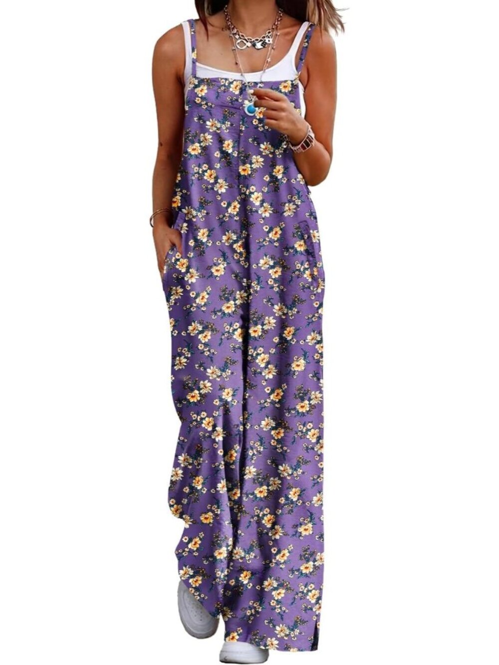 Women's Purple Summer Bohemian Floral Jumpsuit Casual Wide Leg Romper Sleeveless